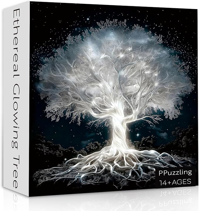 Glowing Tree of Life Puzzle for Adults 1000 Pieces, Fantasy Forest White Tree Under Starry Night Sky Scene Jigsaw Puzzle, Nature Landscape Puzzle, Hard Challenging Puzzles for Adults