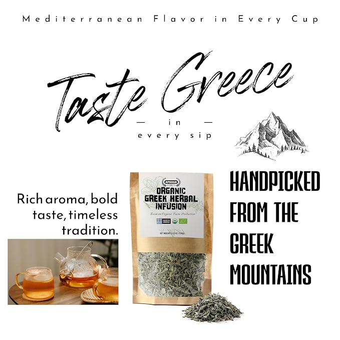 APSOGO Organic Herbal Tea Loose Leaf - Greek Mountain Tea Blend with Sage, Lemon Balm & Dittany - Caffeine Free Herbal Tea - Loose Leaf Herbal Tea from Greece - 3.52oz