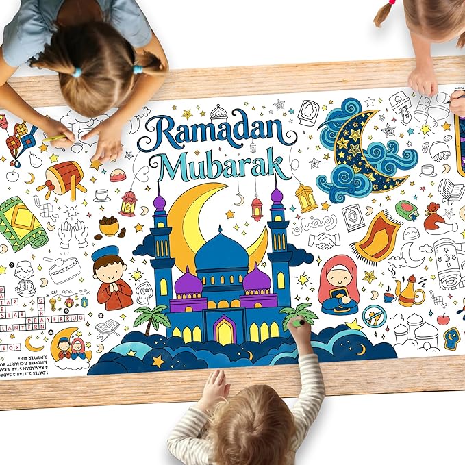 Ramadan Activity Poster & Home Decor - 31.5 x 72" Coloring Banner/Table Cover for Eid Mubarak Decoration, for School Parties & Ramadan Decoration