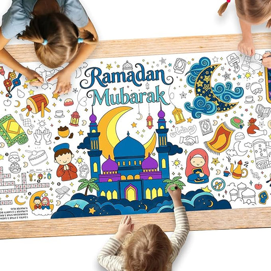Ramadan Activity Poster & Home Decor - 31.5 x 72" Coloring Banner/Table Cover for Eid Mubarak Decoration, for School Parties & Ramadan Decoration