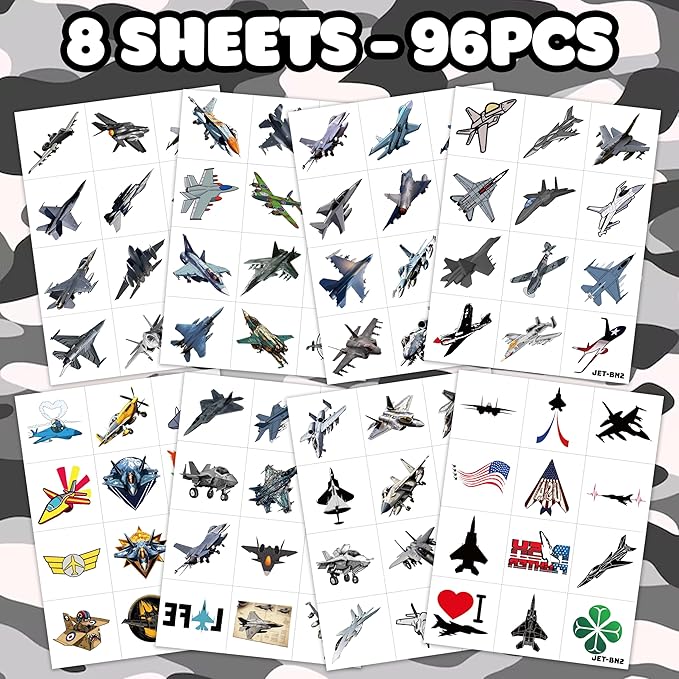 96PCS Jet Temporary Tattoos Pre-Cut Fighter Jet Birthday Party Decorations Party Favors Supplies Aircraft Plane Airplane Military Tattoos Stickers for Kids Boys Girls Gifts (Normal)