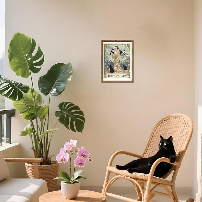 Framed Black Cat Wall Art, Vintage The Cat Lady Tarot Canvas Wall Decor Paintings, Funny Cute Woman Animal Poster Prints Picture Artwork for Bedroom Living Room 12x16 Inch