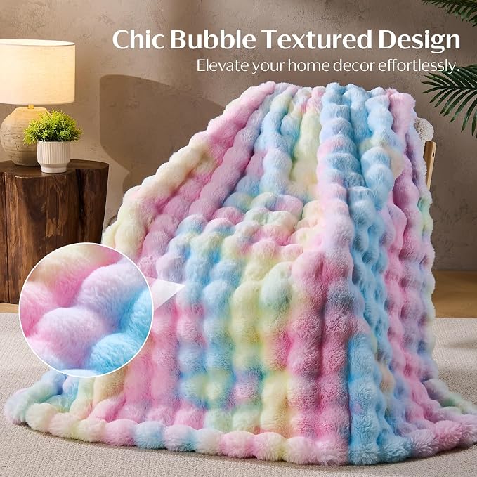 DOWNCOOL Faux Fur Throw Blanket for Couch, Ultra Soft Fluffy Fuzzy Plush Bubble Blanket for Sofa Bedroom Living Room, Cozy Warm Luxury Fleece Minky Blanket, 50x60 Inches Rainbow