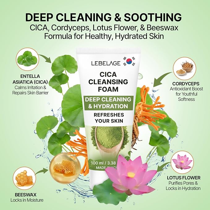 LEBELAGE Korean Cica Facial Cleanser 3.38 oz | Cleansing Foam Face Wash | Low pH Gentle Hydrating Daily Facial Cleanser Sensitive Skin | Deep Cleansing Foaming Cleanser, Pore Care-All Skin Types