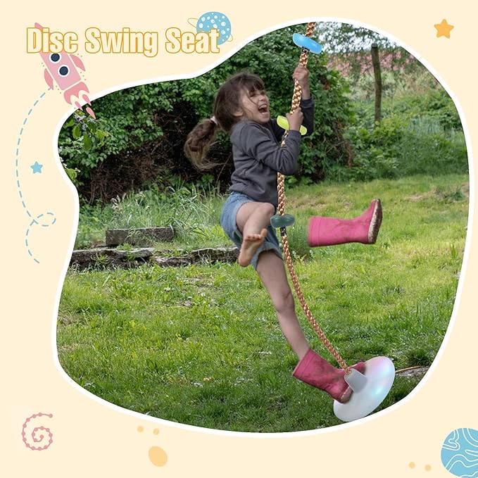 REDCAMP LED Climbing Rope Swings and Rope Ladder Cambo for Trees, Heavy Duty Plastic Disc Swing Seat for Kids with Hanging Strap and Snap Hooks