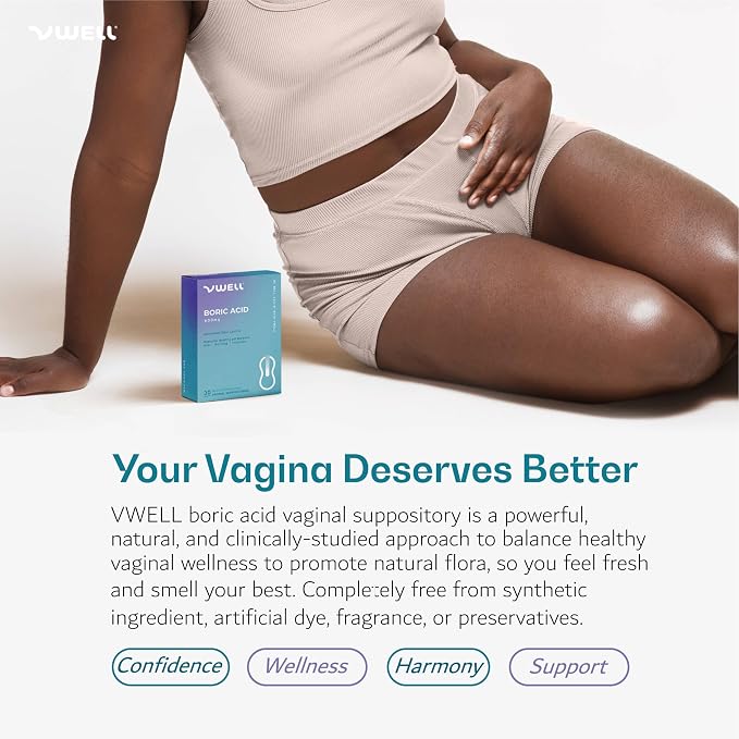 VWELL Boric Acid Vaginal Suppositories - Homeopathic Solution Maintains and Balances Healthy Vaginal pH - Doctors Recommended (One Size, 30, Count)