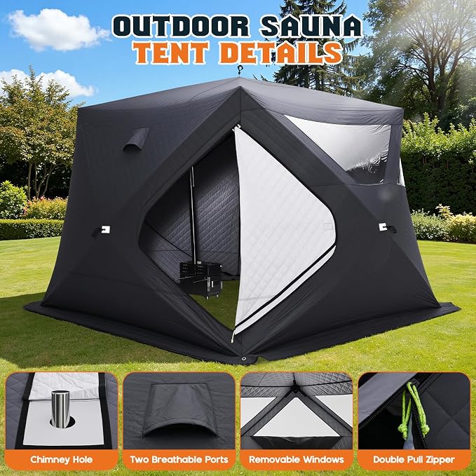 Albott Outdoor Sauna Tent with Wood Burning Stove, 4-6 Person Portable Sauna Tent, 8.2 x 8.2 x 6.7 FT, 3-Layer Thermal Oxford Fabric, Pop-Up Setup, Open-View Windows, Ground Nails & Wind Ropes, Grey