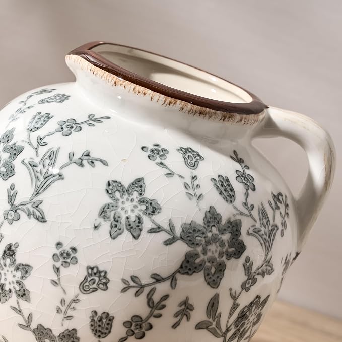 5.39 Inch Vintage Gray Chinoiserie Floral Vase, Antique Rustic Ceramic Vase for Home Decor, Living Room, Bookshelf, Office, Entryway, Garden, Chinoiserie Decor, Tuscan Decor