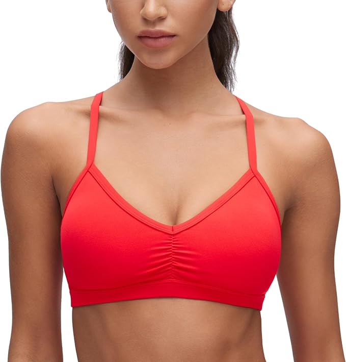 CRZ YOGA Butterluxe Ruched Sports Bras for Women - V Neck Spaghetti Thin Strap Y Back Wireless Padded Yoga Crop Top