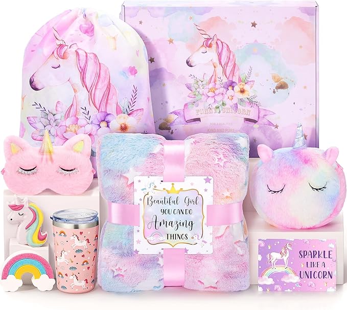 Unicorn Gifts for Girls 4-6 6-8, Birthday Easter Gifts Set for Girls Age 4 5 6 7 8 9+ Year Old Tween Teen Girl Trendy Stuff Kids Unicorn Toys with Glow in The Dark Blanket Purse for Daughter Niece