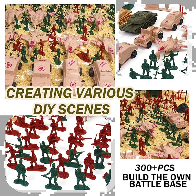 Army Men Playset Toy for Boys with Battle Mat, 308Pcs Military Toys Soldiers, Plastic Army Men Action Figures and Military Weapons, Guns Toys for Age Boys 4 8 12