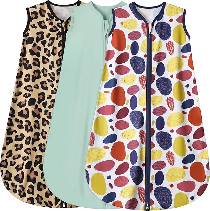 BSTOPPT 3 Pack Baby Sleep Sack 100% Rayon Cotton Baby Sleeping Bag 2-Way Zipper Toddler Wearable Blankets TOG 0.3. (Leopard&Cobble&Green, 0-6 Months)