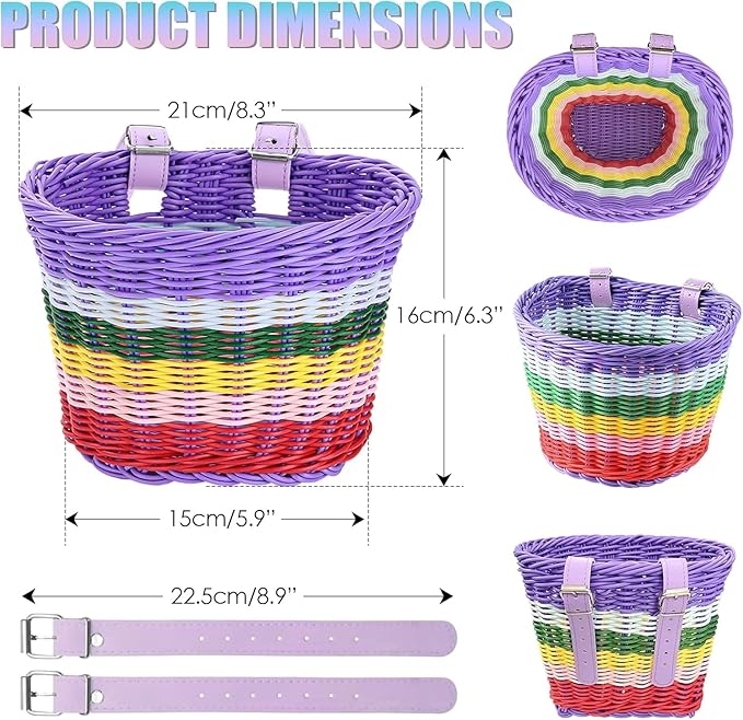 Kid's Bicycle Basket,Colored Tassels Wicker Front Handlebar Bike Basket Handlebar with Streamers Bell and Stickers,Bicycle Decoration for Girls and Boys