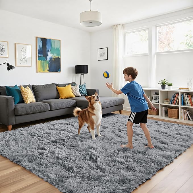 yongyangjuxin Fluffy Rug Shag Area Rug, Light Grey 6x9 Area Rugs for Living Room, Large Shag Area Rugs for Bedroom Room Home Decor, Upgrade Anti-Skid Rectangular Fuzzy Rugs