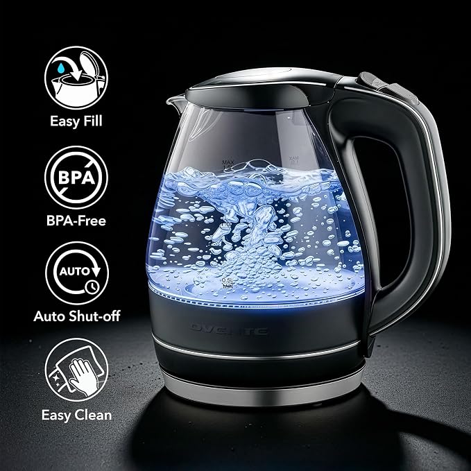 OVENTE Electric Kettle, 1.5L Borosilicate Glass Countertop Water Heater and Boiler for Coffee or Tea, BPA-Free, Auto Shut-Off, Boil-Dry Protection, Removable and Washable Spout Filter, Black KG83B