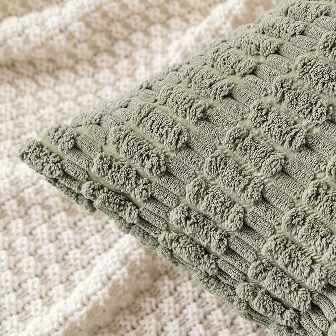 MIULEE Corduroy Decorative Throw Pillow Covers 18x18 Light Olive Pack of 2 | Green Soft Boho Striped Pillow Covers Modern Farmhouse Home Decor For Sofa Living Room Couch Bed
