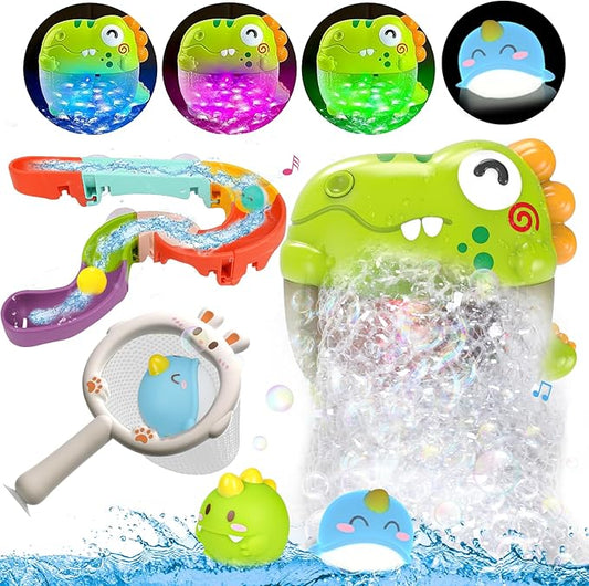 Toddler Bubble Bath Toys, Light Up Bath Bubble Machine Toy for Kids Age 3-5 Baby Bathtub Toy Slide Dinosaur Bubbles Maker with Music Floating Animal Water Toys Boy Girl