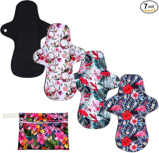 7PCS Pack Reusable Washable Incontinence Cloth Pads Including 6PCS Heavy Flow Feminine Hygiene Bamboo Charcoal Cloth Sanitary Pads Reusable Menstrual Pad + 1PC Mini Wet Bag