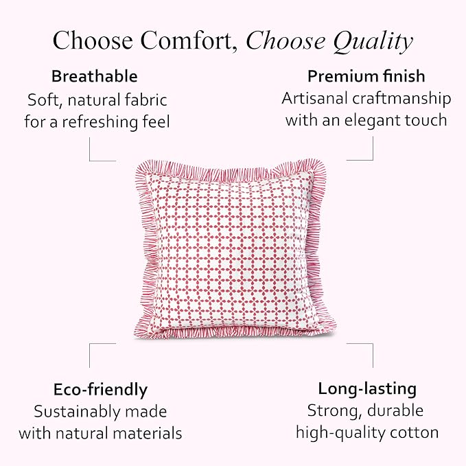 CPC Magenta Pink Hand Block Print 100% Cotton Ruffle Throw Pillow Cover 20x20 inch with Hidden Zipper Decorative for Couch, Bed, Sofa, Farmhouse, Cottagecore Decor Gift Christmas Fall Thanksgiving