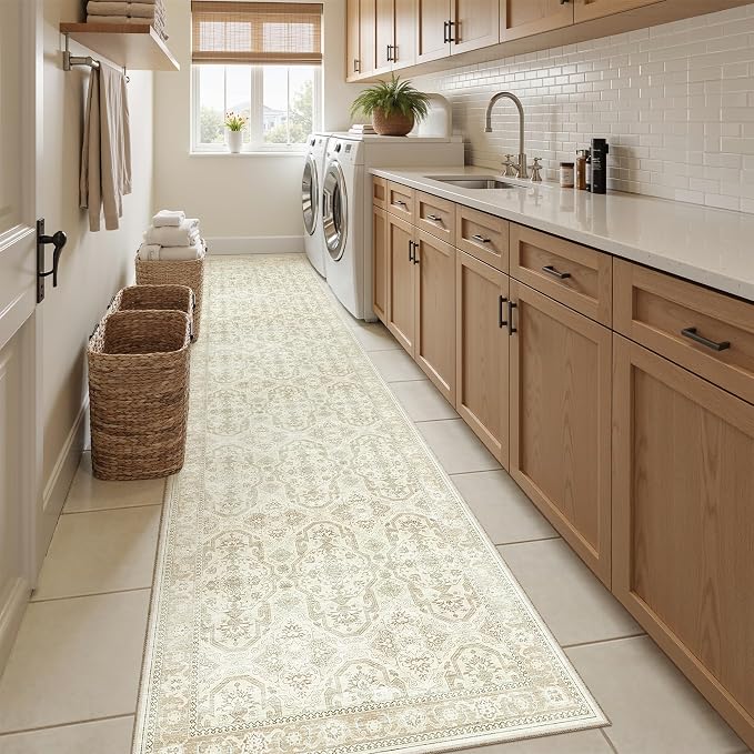 Soalmost Runner Rug 2x10 Washable Hallway Kitchen Runners Beige/Brown | Non-Slip Vintage Rugs for Bathroom Laundry Room, Soft Low Pile Foldable Floor Carpet Mat for Entryway Corridor Bedroom