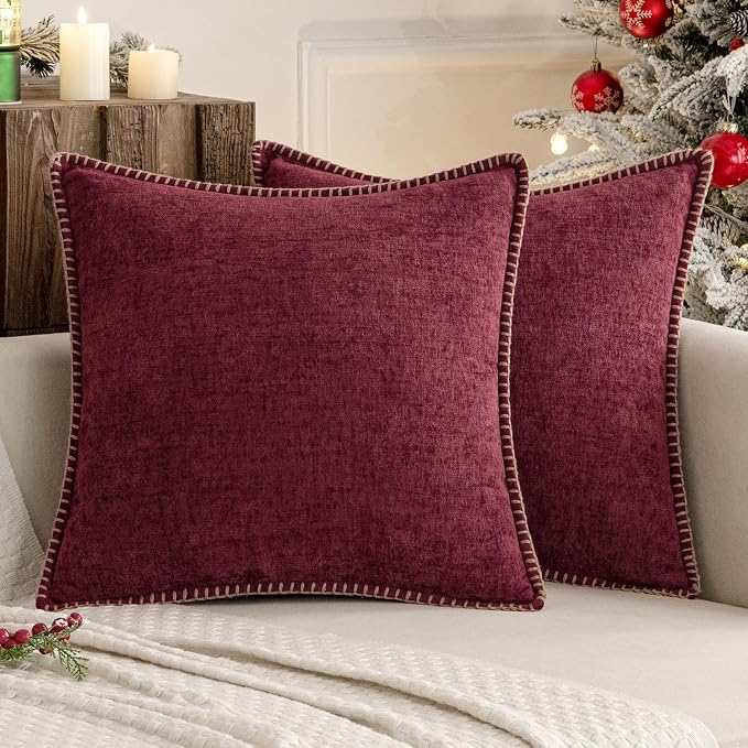 MIULEE Decorative Couch Throw Pillow Covers 16x16 Inch Burgundy Red 2 Pack | Farmhouse Pillow Covers with Stitched Edge, Soft Chenille Cushion Cases, for Sofa Bed Living Room Home Decor