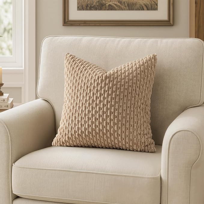 MIULEE Decorative Throw Pillow Covers 18x18 Neutral Tan Textured Corduroy | Pack of 2 Striped Pillow Covers Modern Farmhouse Fall Home Decor for Couch Bed Sofa Living Room