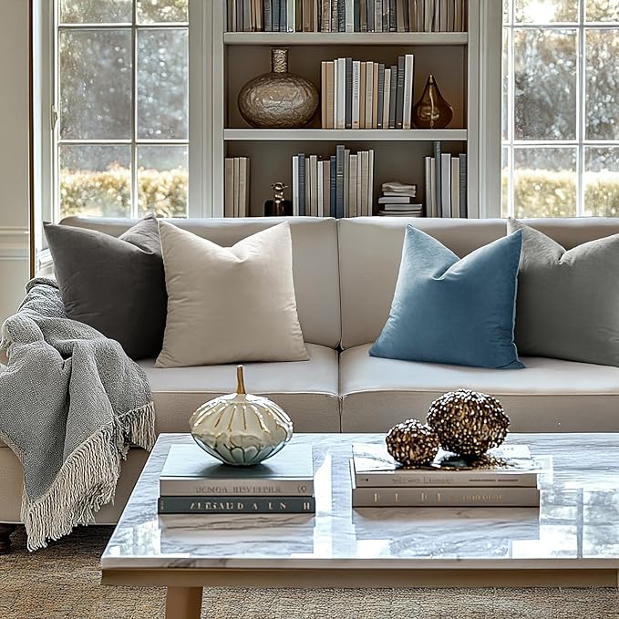MIULEE 26x26 Inch Pack of 2 Euro Velvet Throw Pillow Covers Blue Gray | Soft Solid Decorative Euro Sham, Modern Luxury Home Decor, for King Bed Sofa Couch Bedroom Livingroom