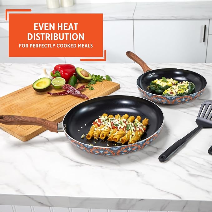 IMUSA 4 Piece 8 & 10 Inch Talavera Aluminum Black Ceramic Fry Pan Set | Nonstick Ceramic Surface, Soft-Touch Handles, Includes 8 Inch and 10 Inch Fry Pans, Great for Daily Use
