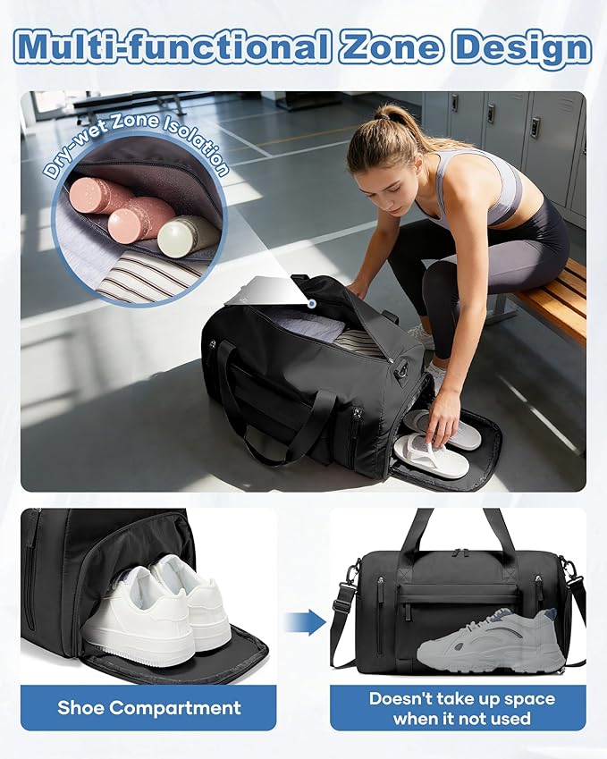 Gym Bag for Women,Travel Duffel Bag with Shoes Compartment Personal Item Carry On Overnight Bag for Mens Weekender Bag Training Handbag Sports Gym Tote Bag Yoga Bag Black