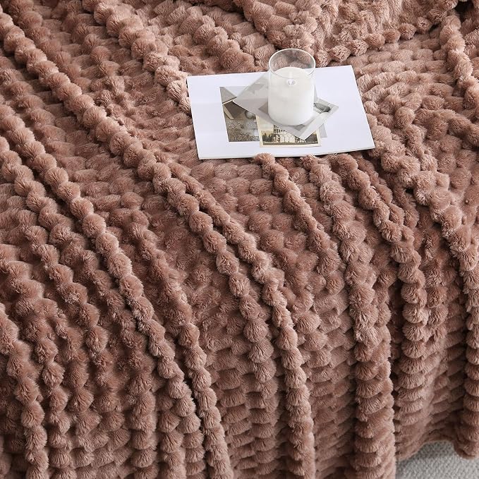 Light Brown Fleece Throw Blanket 60”×80” for Couch Sofa Bed Super Soft Cozy Plush Microfiber Flannel Blanket with 3D Jacquard Decorative Lightweight for Mom Woman