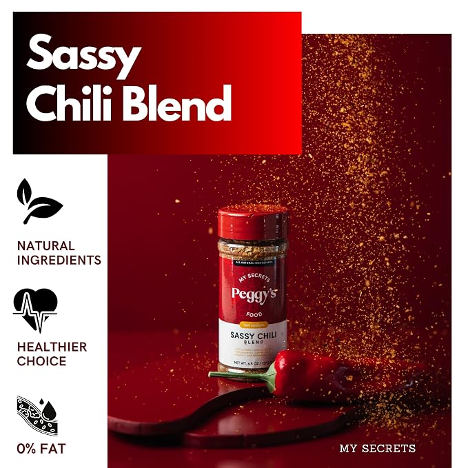 My Secrets Peggy’s Food Sassy Chili Blend Spicy Chili Seasoning – Hot Chili Powder Seasoning– Perfect Blend of Chilies & Herbs With Himalayan Pink Salt – No Preservatives or Additives – 4.5 oz Pack