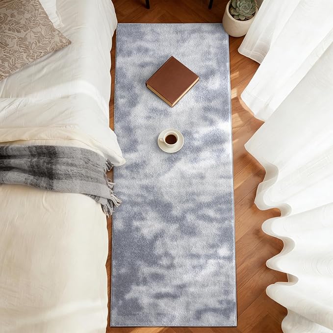 FinRèc 2x8 Washable Runner Rugs for Kitchen Hallway Bedroom, Low Pile Thin Ultra Soft Shag Rug, Non-Slip Carpet Indoor for Home Decor (Tie-dye Grey)