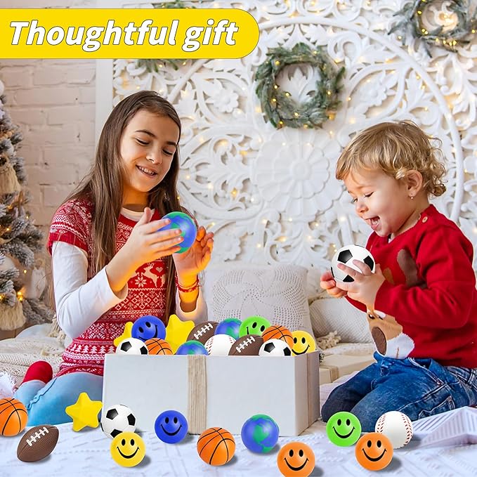 60 Pcs Sports Balls Bulk Kids Small Mini Stress Ball for Party Favor Toy, Including Basketball, Baseball, Football, Globe, Soccer, Star, Smile for Stress Relief School Prizes Carnival Fillers Gift