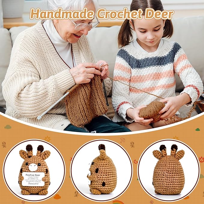 Positive Crochet Deer, Handmade Emotional Support Animals Plush Cute Stuff, Funny Inspirational Friendship Stress Relief Birthday Graduation Gifts for Women Teens Girls Coworkers Friends