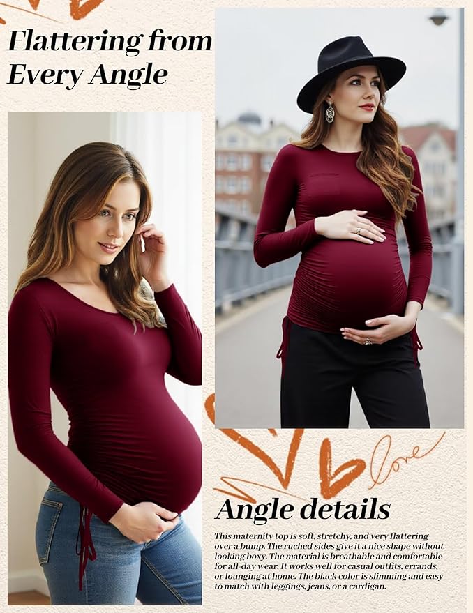 Fotociti Maternity Shirts Long Sleeve, Pregnancy Side Ruched Tops,Women’s Clothes for Mama Work Casual Yoga Wearing