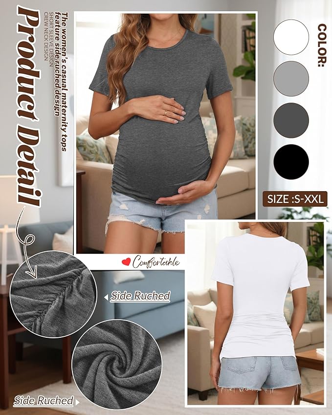 Huukeay 4 Pack Women's Maternity Shirts, Crew Neck Maternity Top Short Sleeve Casual Cotton Tee Side Ruched Pregnancy Clothes