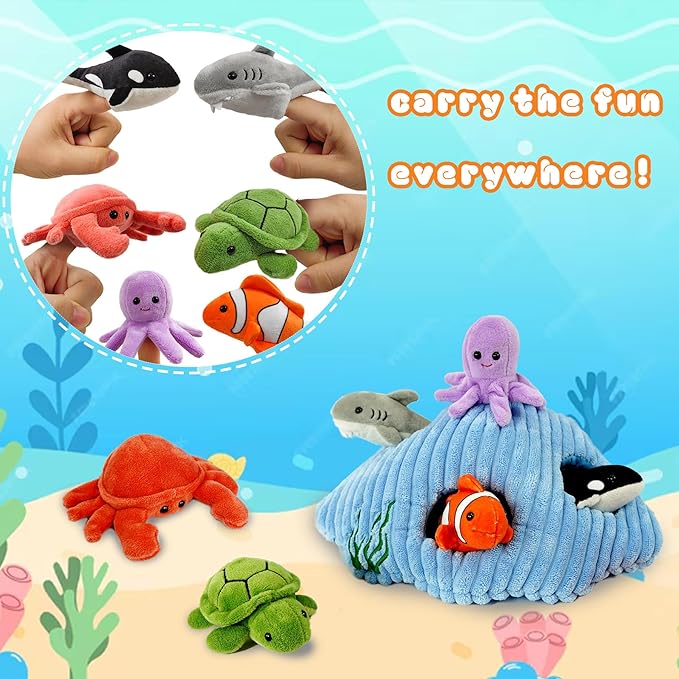6pcs sea Finger Puppets with a Shell House，Novelty Animals Toys Puppet for Kids, Storytelling Role-Playing Plush Finger Puppets Gifts for Boys and Girls