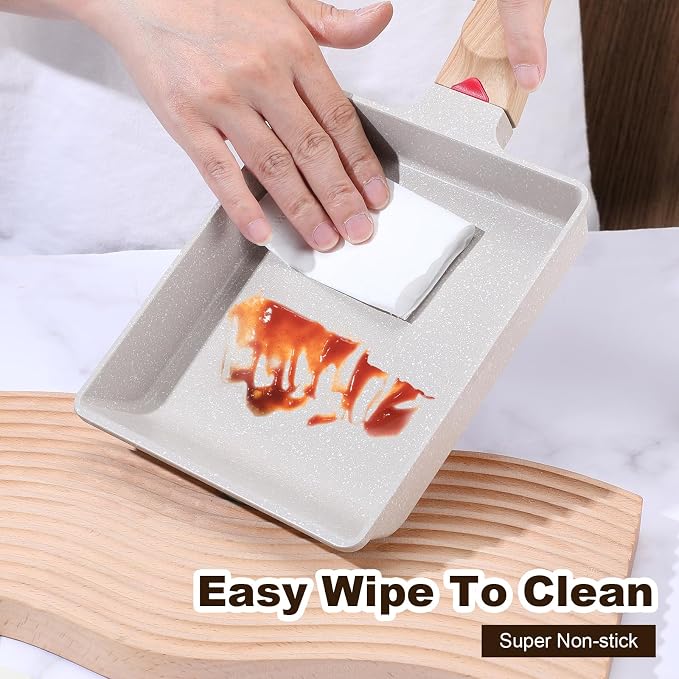 Japanese Omelette Pan, Tamagoyaki Egg Pan, Nonstick Frying Pan with Spatula, Healthy Granite Cookware, PFOS & PFOA Free, 6" x 7" (White)