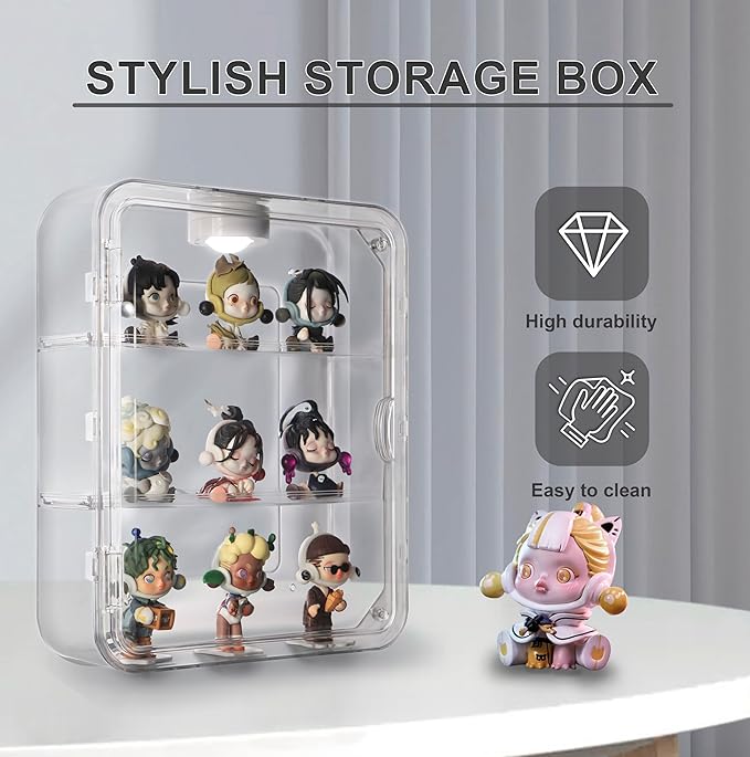 Clear Acrylic Display Case with Light, 3 Tiers Clear Display Case for Figures, Acrylic Storage Organizers Box with Magnetic Door, Wall-Mounted Dustproof Showcase for Collectibles Action Figure