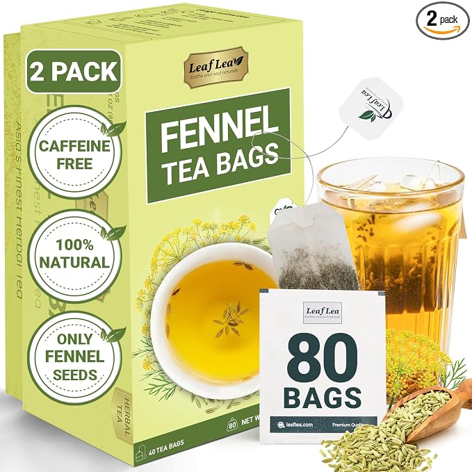 LeafLea Fennel Seed Tea Bags, Pure Herbal Fennel Tea, 80 Count | Naturally Sweet Digestive Herbal Tea, Individually Foil-Wrapped, 80 Bags · 2 Boxes, Caffeine-Free, Sugar-Free