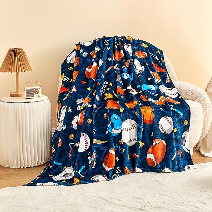 Wajade Sports Blanket for Boys,Soft Fleece 3D Soccer Basketball Baseball Football Kids Blanket for Couch Sofa Bedroom, Fuzzy Ball Throws for Kids Boys Teens,50"x60"