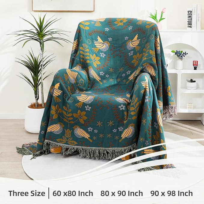 VANJOROY Boho Throw Blanket, 100% Organic Cotton Breathable Ultra Soft 91" x 108" King Bed Quilt Throw - Floral Rustic Bird Farmhouse Decor Luxury Blanket for Sofa Couch Chair and Gift,Teal/Beige