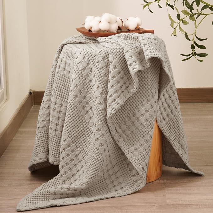 PHF 100% Cotton Waffle Weave Throw Blanket, Lightweight Breathable Summer Blanket for Couch Sofa, Pre-Washed Soft Throws for Bed, Office, Travel & Stylish Home Decor, 50"x60", Pearl Gray
