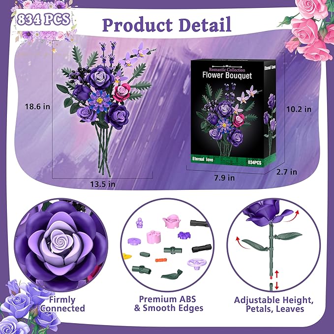 Purple Roses Flower Bouquet Building Sets, 834PCS Artificial Flowers Building Blocks, Gothic Decor Halloween Decor Botanical Collection for Adults Women, Gifts for Halloween Christmas Valentines Day