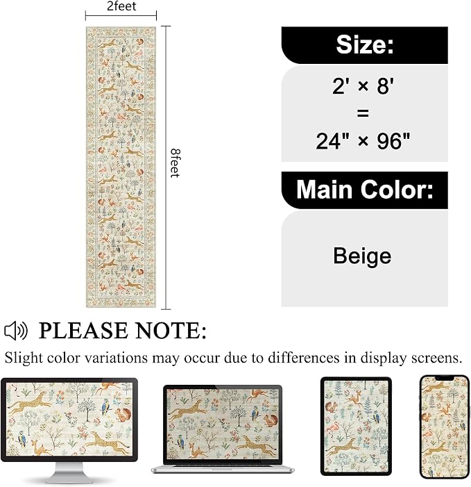 DUKINO 2x8 Washable Runner Rug, Non Slip Animal Kitchen Runner Rug, Beige | Soft, Low Pile, Non-Shedding Indoor Carpet Runner for Hallway, Entryway, Bedroom, Bathroom, Pet Friendly, Stain Resistant
