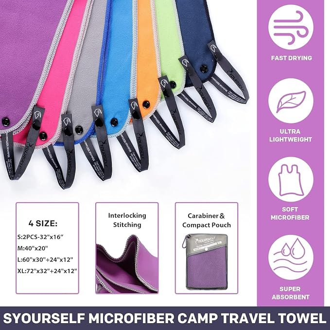 SYOURSELF 2 Pack Microfiber Camping Towel, Quick Dry Towel, Soft Absorbent Compact Travel Gym Workout Sweat Towel for Beach Yoga Swim Travel Camping Hiking Backpack Essentials (XL:72"x32"+12"x24")