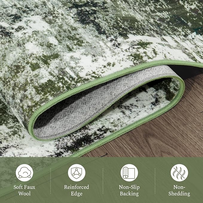 Rugflix 8x10 Area Rugs for Living Room, Washable Dark Green Large Rug | Machine Washable; Stain-Resistant; Low Pile; Non-Slip; Modern Abstract; Carpet for Bedroom Dining Office Nursery Home