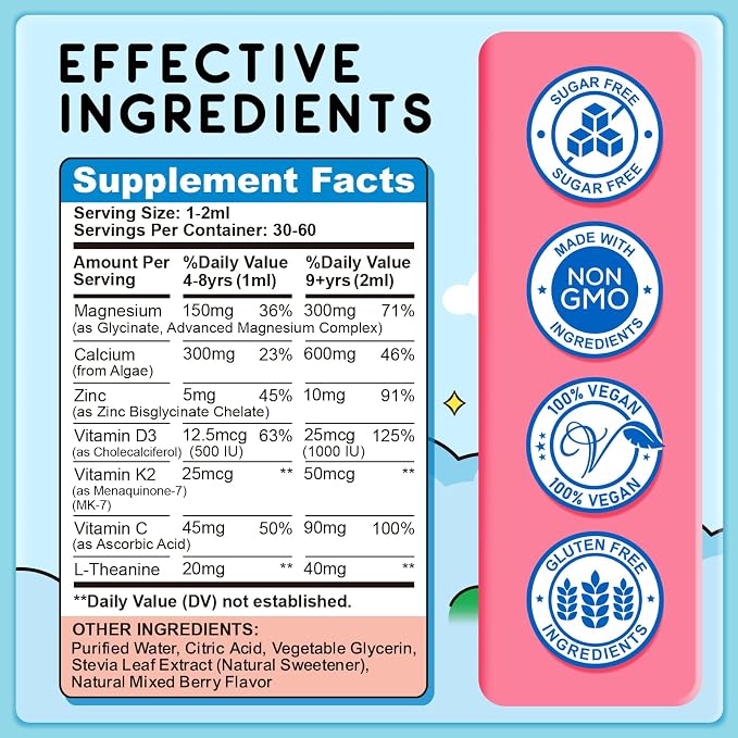 (2 Pack) Magnesium Glycinate Liquid for Kids, Kids Magnesium Liquid Drops Supplement with L-Theanine, Calcium, Zinc, Vitamin D3 K2 for Sleep Calm Relaxation Brain Bones, Mixed Berry Flavor 4 Fl Oz