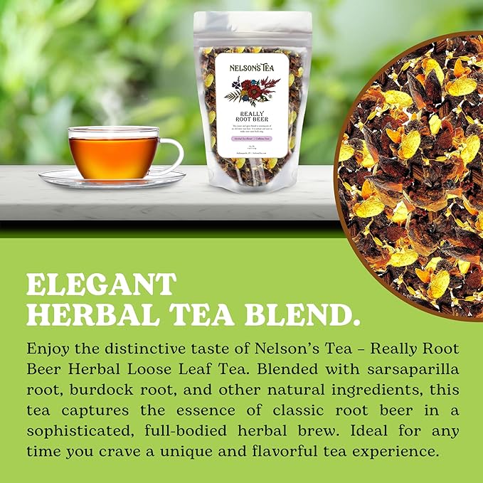 Nelson's Tea Really Root Beer - Cut & Sifted Sarsaparilla Root Tea Loose Leaf - Caffeine Free, Classic Herbal Blend with Burdock, Birch Bark, Dandelion, Licorice, Ginger and More (4 oz)