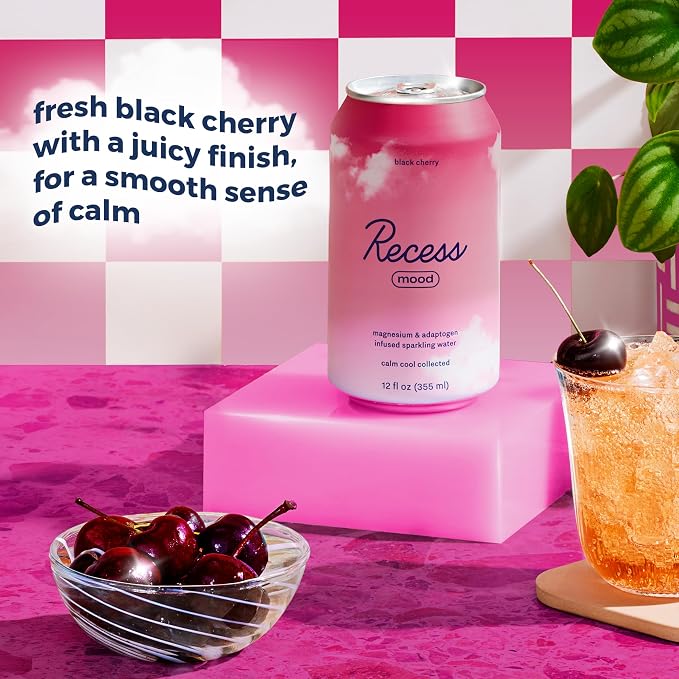 Recess Mood Magnesium & Adaptogen Drink, Relaxation Beverage, 12 ounce (Black Cherry, 12 pack)